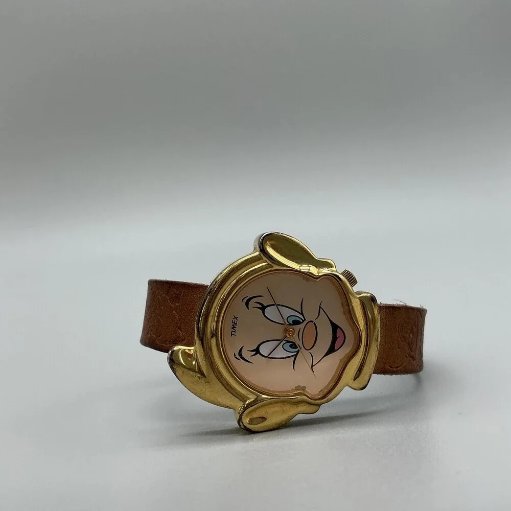 Vintage Timex Unisex Watch 33mm Dopey Disney Brown Leather Strap New Battery